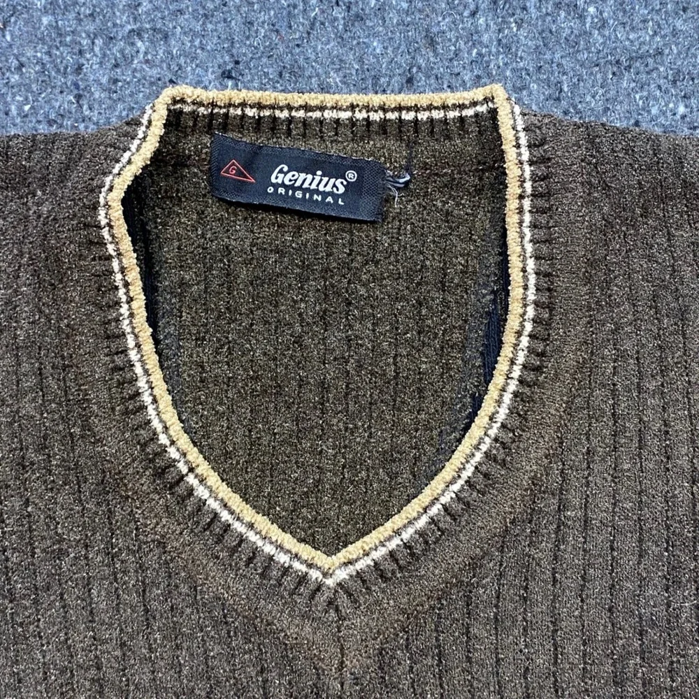 Genius Original Earth Tone Mens Large Brown Tan Geometric V-Neck Ribbed Sweater‎